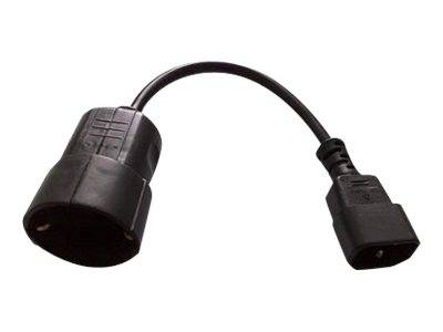 Schwarzes Netzteilkabel mit einer zylindrischen Buchse an einem Ende und einem rechteckigen Stecker am anderen Ende.