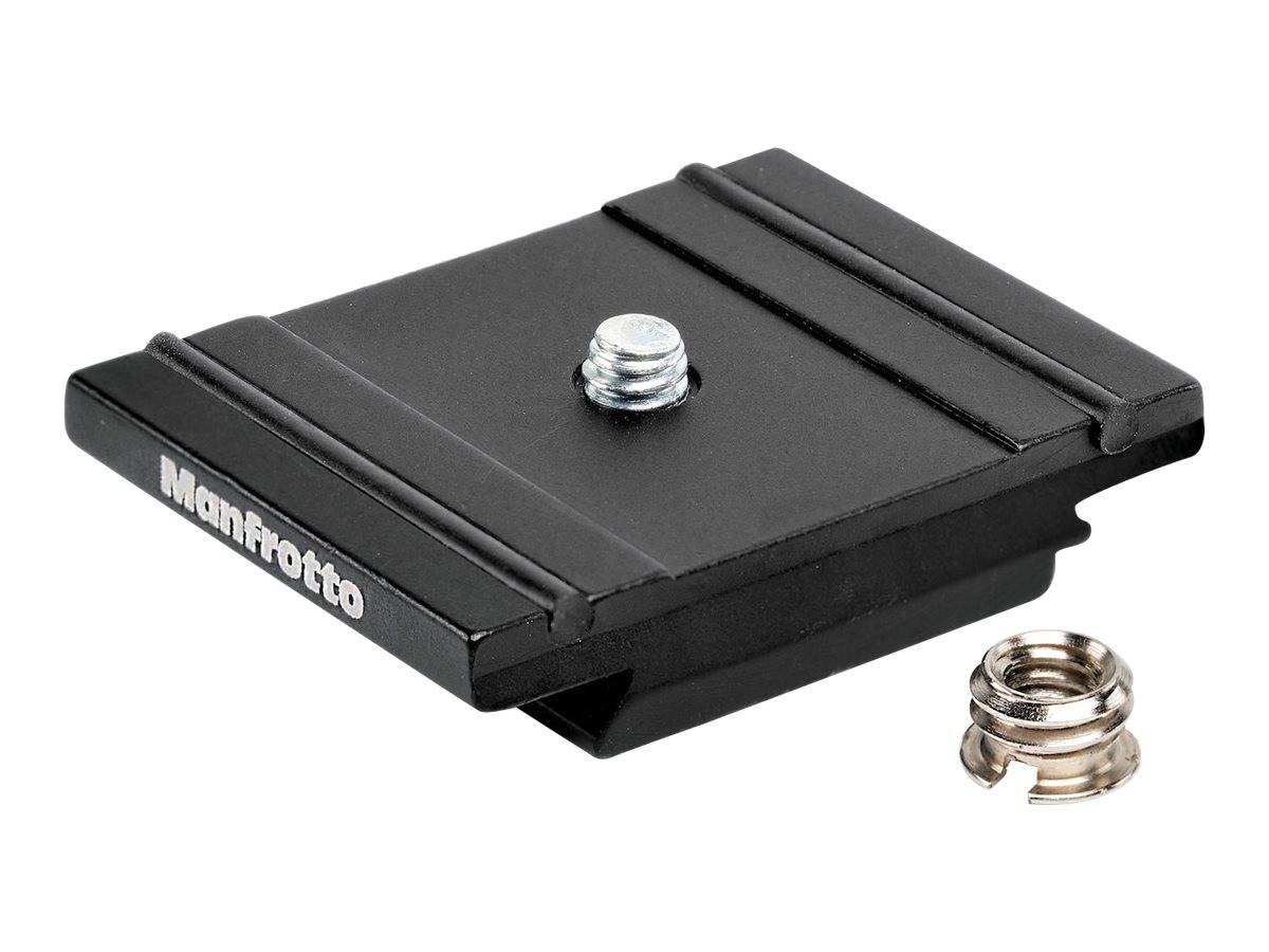 Schwarze Manfrotto-Kamerazubehörplatte mit einer zentralen Befestigungsschraube und einem separaten Gewindeinsatz auf weißem Hintergrund.