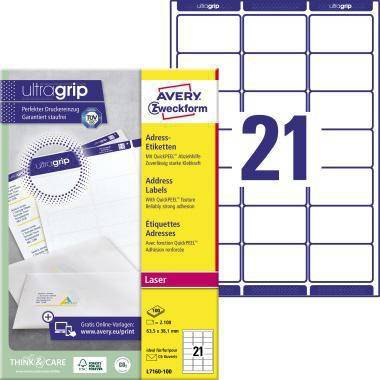 Avery Zweckform Adressenetiketten-Set für Laserdrucker, zeigt ein Blatt mit 21 leeren Etiketten und Verpackung für UltraGrip Haftetiketten.