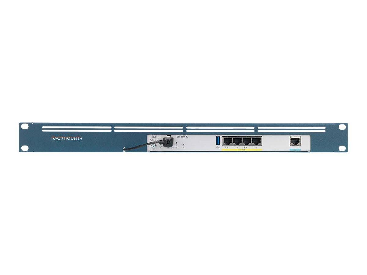 Frontplatte eines rack-montierten Netzwerkgeräts mit Stromeingang, vier Ethernet-Anschlüssen und einem USB-Anschluss