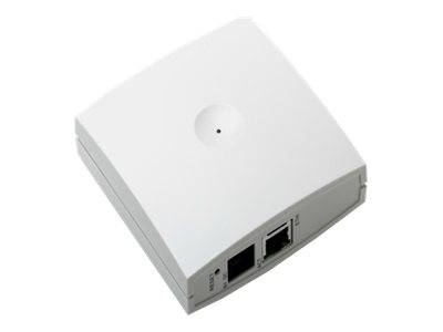 Weißes quadratisches wandmontiertes Netzwerkgerät mit einer kleinen Anzeigelampe und zwei Ethernet-Anschlüssen auf der Vorderseite.