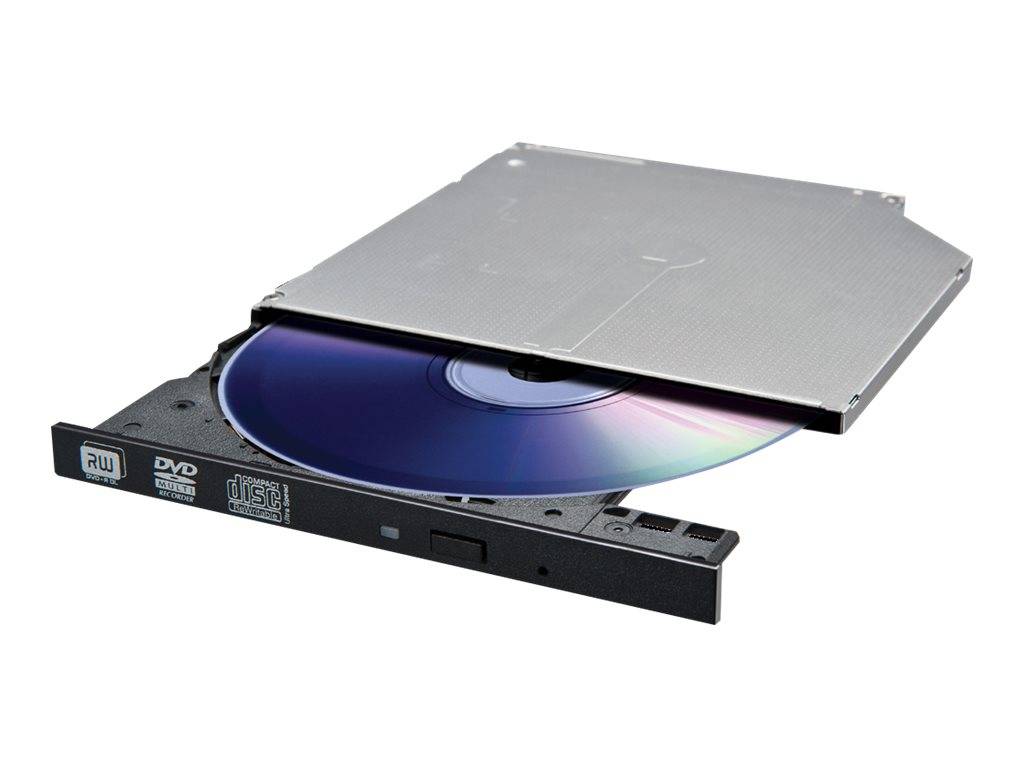 Ein externes Laptop-DVD-Laufwerk mit einer teilweise eingeführten Disc. Das Laufwerk zeigt Logos für 'DVD' und 'Compact Disc Rewritable'.