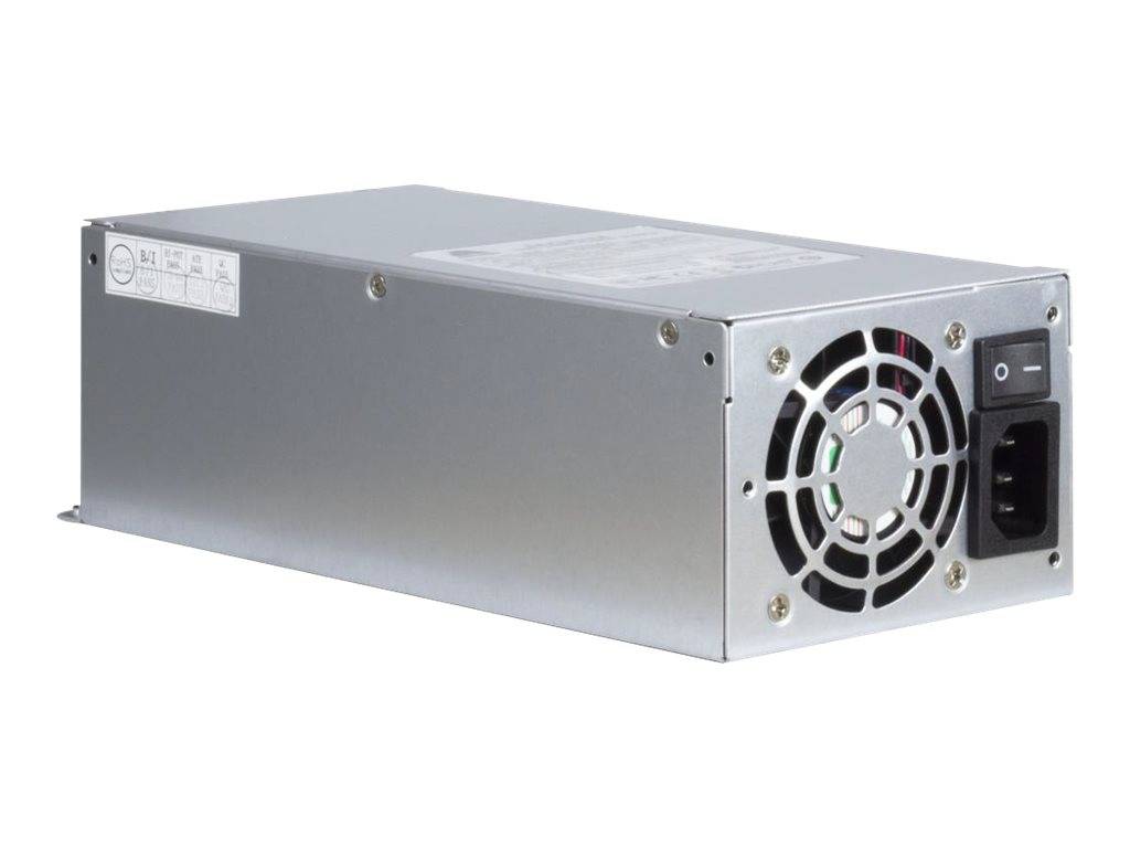 Metallisches Computer-Stromversorgungsgerät mit Kühlventilator und Schalter in einer Seitenansicht dargestellt.