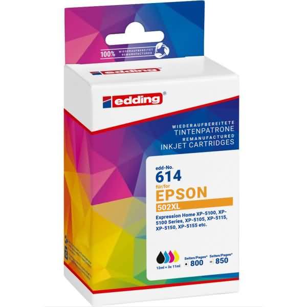 Schachtel mit edding nachgefertigten Tintenstrahlpatronen, Art.-Nr. 614 für Epson 502XL Drucker, mit 4-Farben-Tinte und Seitenleistungsinformationen.