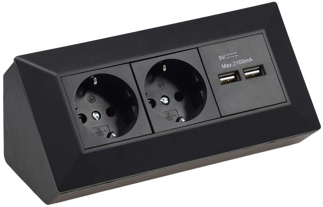 ChiliTec 23653 2-fach Steckdosenblock + 2x USB, schwarz 250V~/ 16A, Aufbaumontage, USB 3,1A