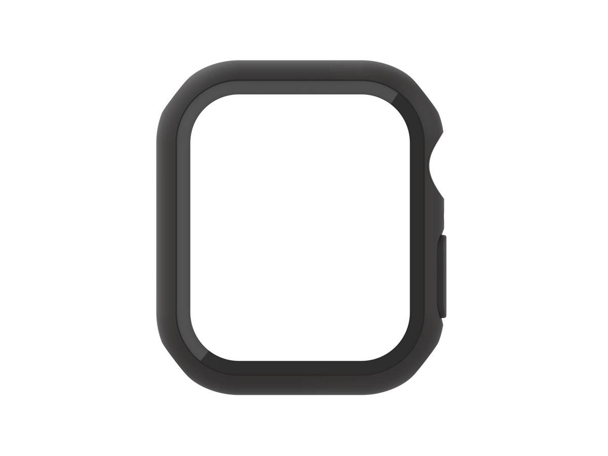 Schwarzes quadratisches Smartwatch-Gehäuse mit abgerundeten Ecken und seitlicher Taste, auf weißem Hintergrund abgebildet.