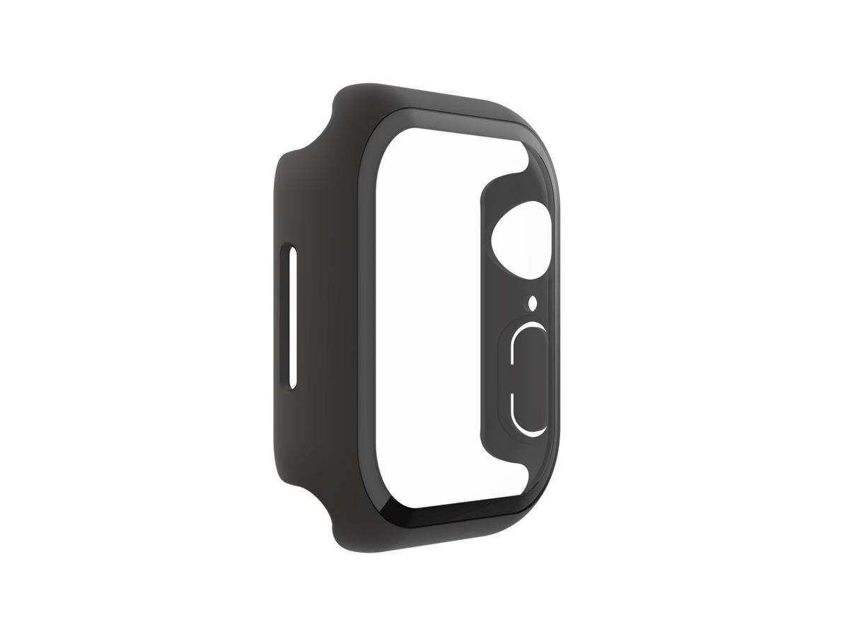 Schwarze Schutzgehäuse für eine Smartwatch, mit Seitenknopf-Zugang und Kameraausschnitt.