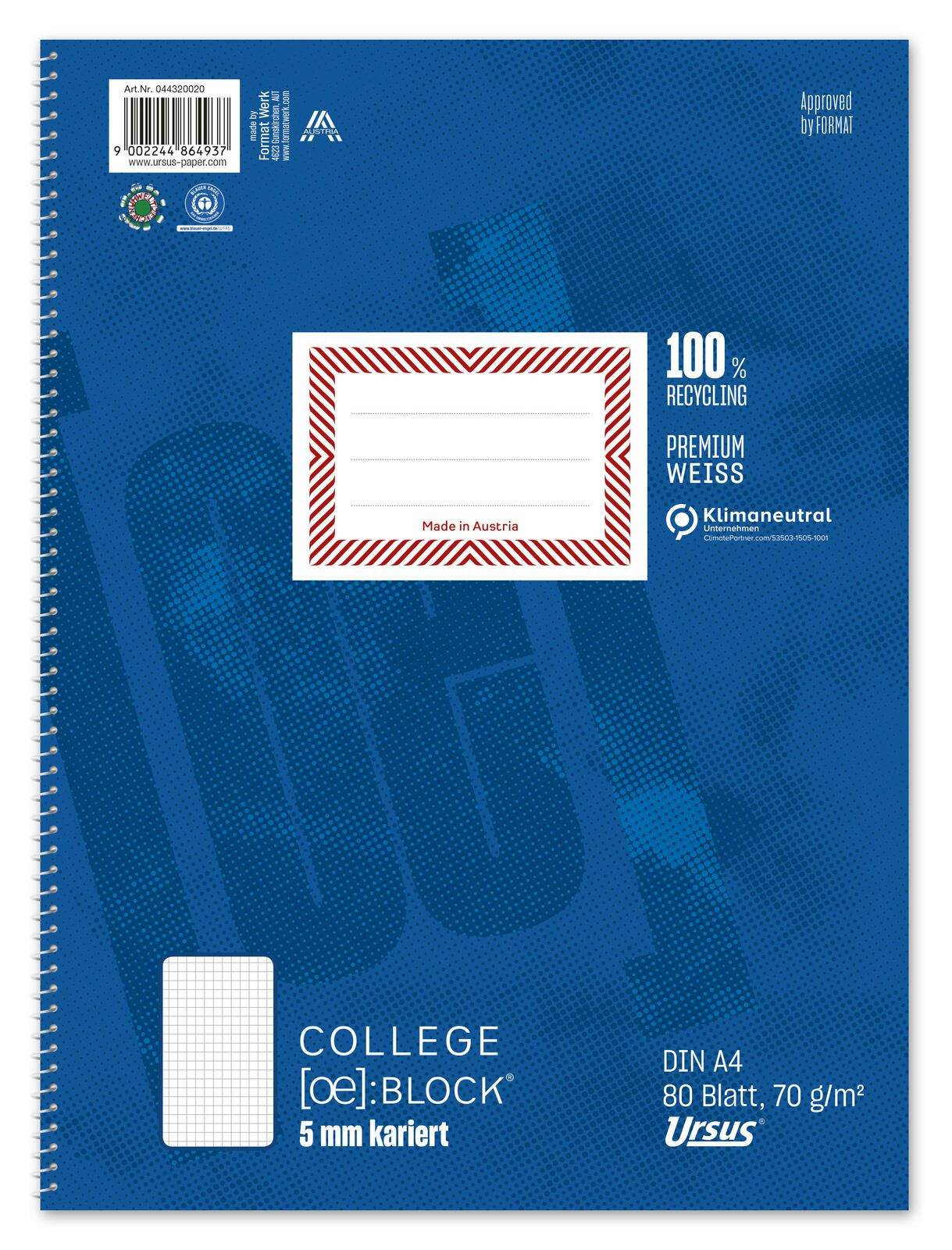 Blauer College-Block-Notizbucheinband mit Spiralbindung, Gitteretikettenfläche und Text: 'COLLEGE [oe]:BLOCK' 5 mm kariert, DIN A4, 80 Blatt, 70 g/m2, 100% Recycling, Premium Weiß.