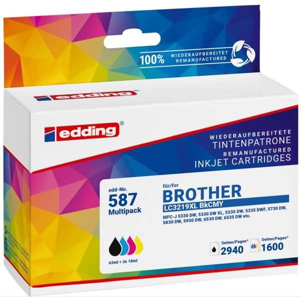 Edding 587 Multipack nachgefüllte Tintenpatronen für Brother-Drucker, mit 4-Farben-Tinte und Seitenausbeuten von 2940 schwarzen und 1600 Farbseiten.