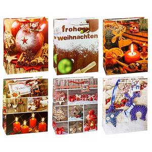 Collage aus sechs weihnachtlich gestalteten Geschenkboxen mit Verzierungen, Kerzen, Sternen und einem 