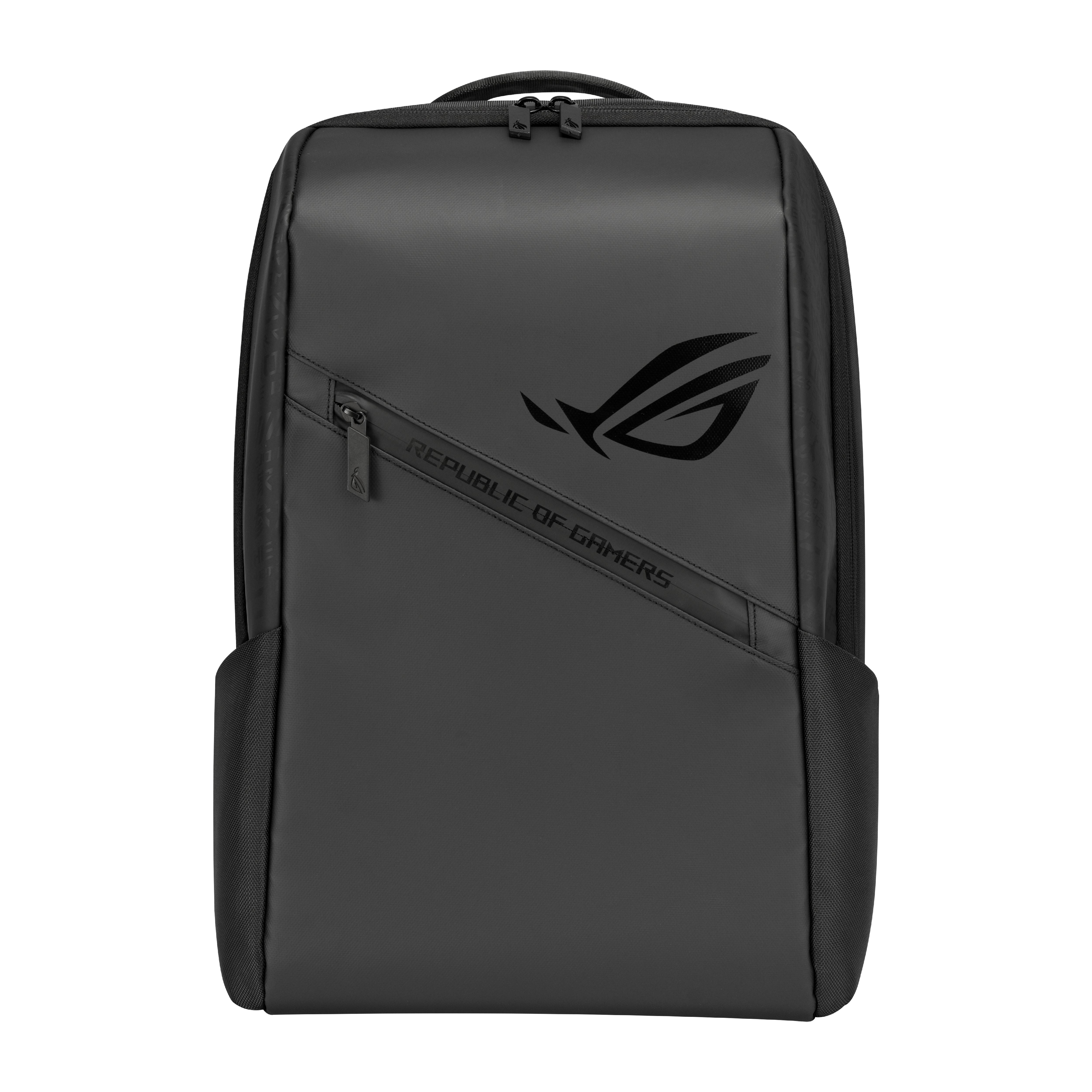Schwarzer ASUS Republic of Gamers Rucksack mit vorderer Reißverschlusstasche und ROG-Logo auf der Vorderseite.