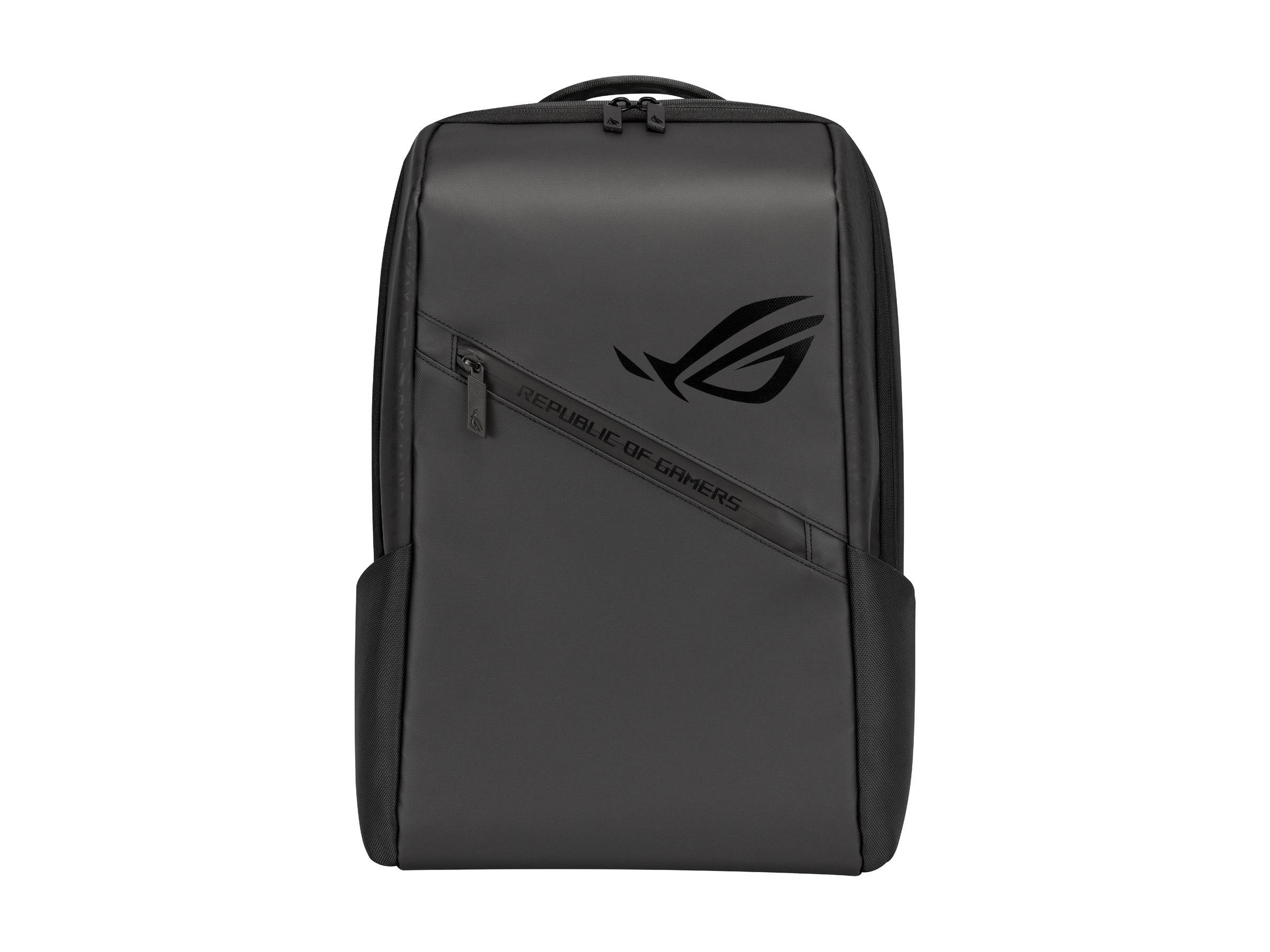 Schwarzer ASUS ROG Rucksack mit diagonaler Reißverschlusstasche und Logo, Vorderansicht auf weißem Hintergrund.