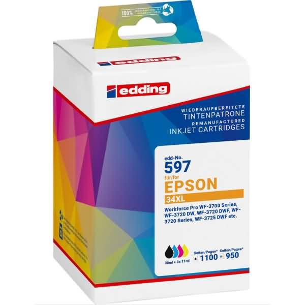 Edding nachgefertigte Tintenstrahlpatrone für Epson 34XL, mit farbenfroher Verpackung und Modellnummer 597.