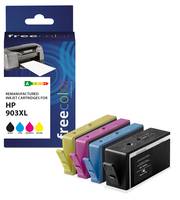 HP 903XL nachgefertigte Druckerpatronen im 4er-Pack in Cyan, Magenta, Gelb und Schwarz, gezeigt in Verpackung mit vier neben der Packung angeordneten Patronen.