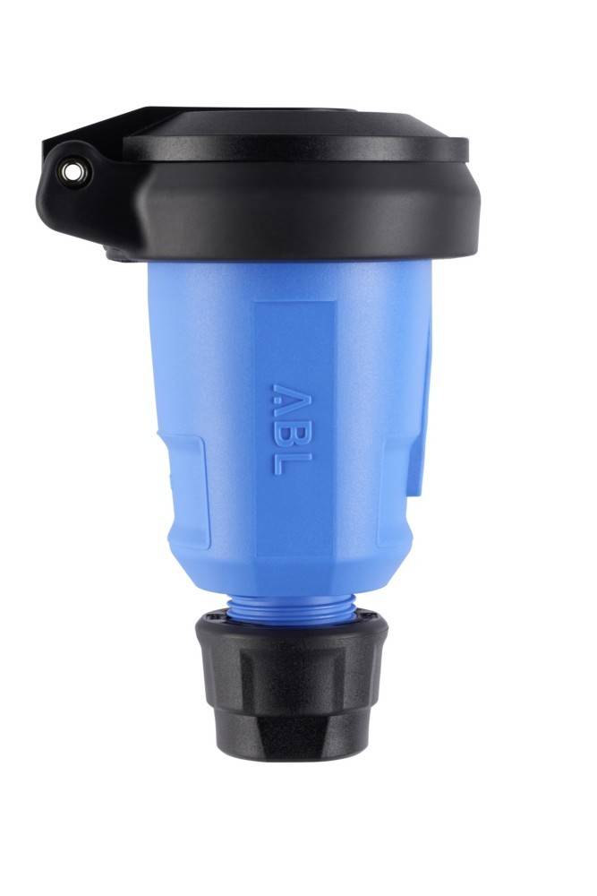 Ein blau-schwarzes Industrieventil mit der Beschriftung „ABL