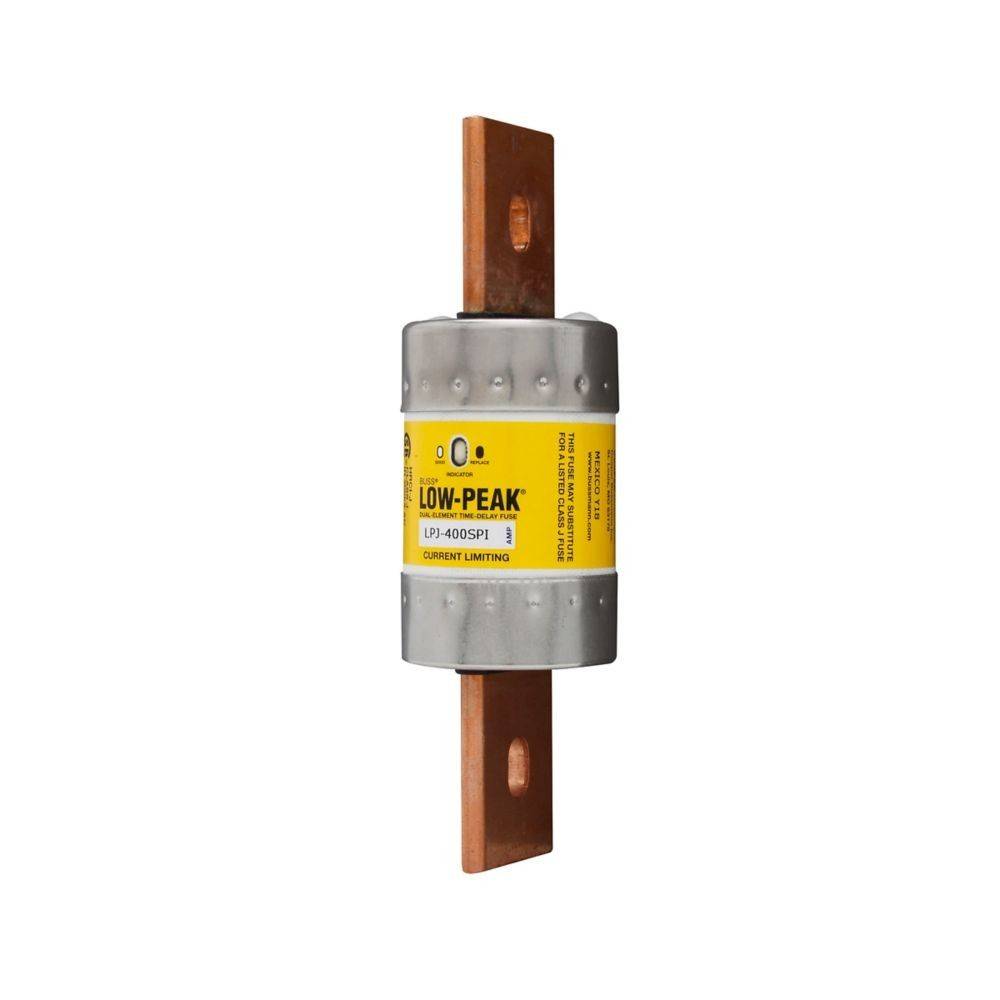 Eine zylindrische Metallsicherung des Typs 'Low-Peak' mit einem gelben Etikett, gekennzeichnet mit 'LPJ-400SP' und 'Current Limiting'. Kupferklemmen ragen von beiden Seiten heraus.