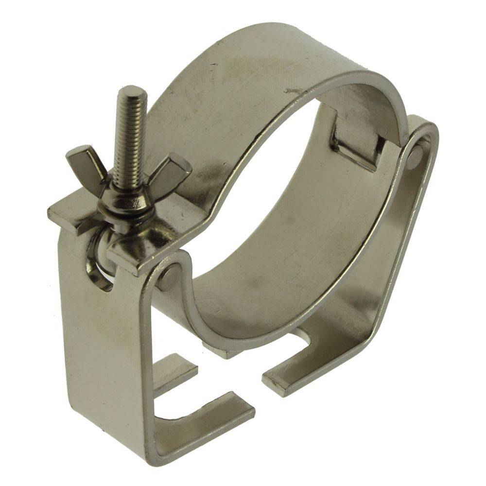 Eine Metallklemme mit einer verstellbaren Flügelmutter und Scharnier, die entwickelt wurde, um zylindrische Objekte zu befestigen.