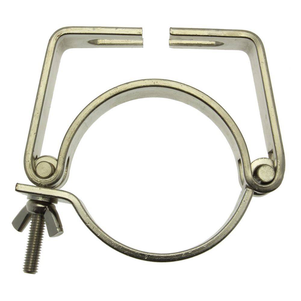 Eine Metallklemme mit einem Flügelschraubbolzen, die zum Befestigen von Rohren oder Kabeln verwendet wird.