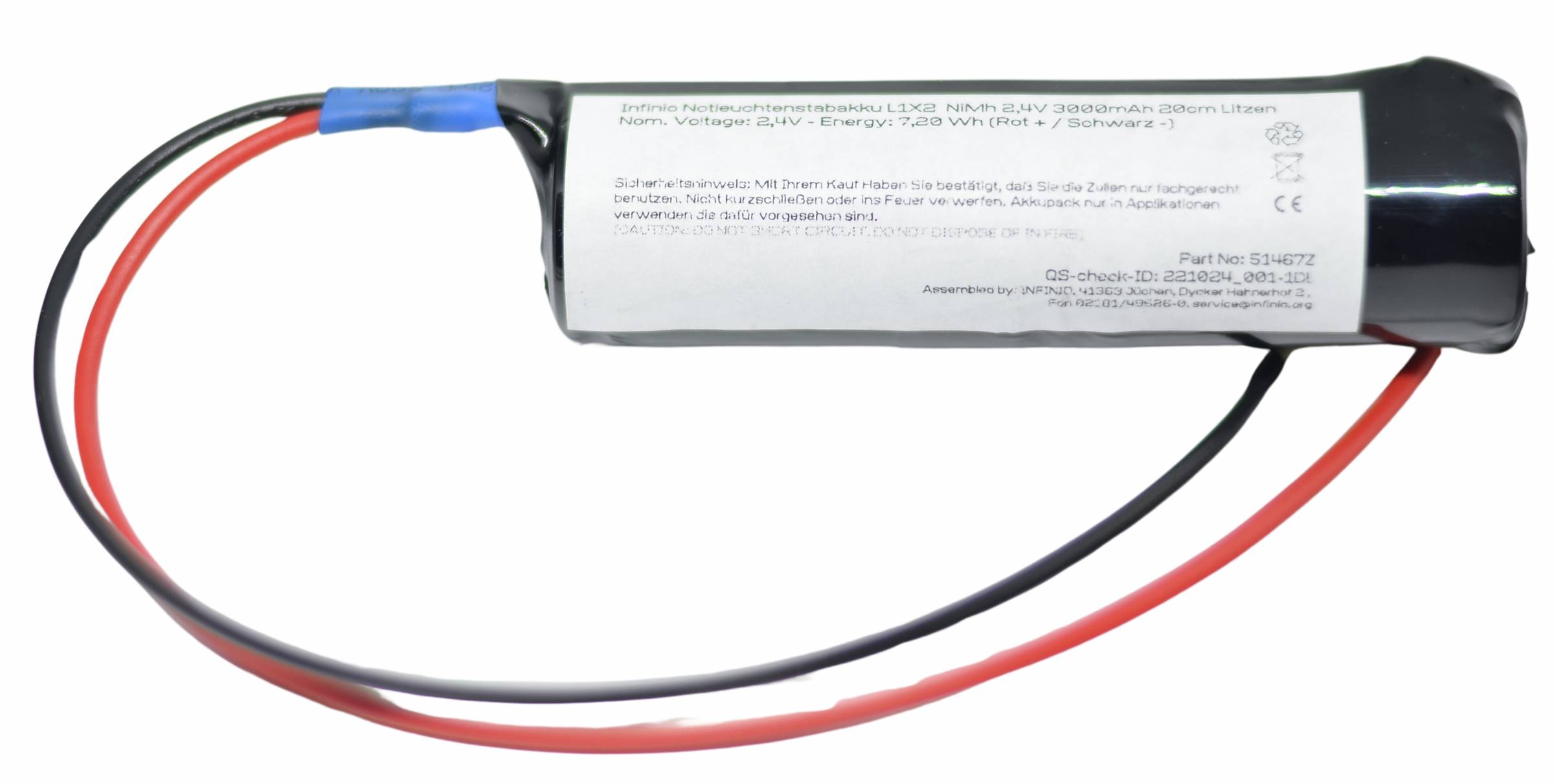 Infinio Notleuchtenakku passend für Elubat swiss 275 602 NiMh 2,4V 3000mAh 20cm Litzen