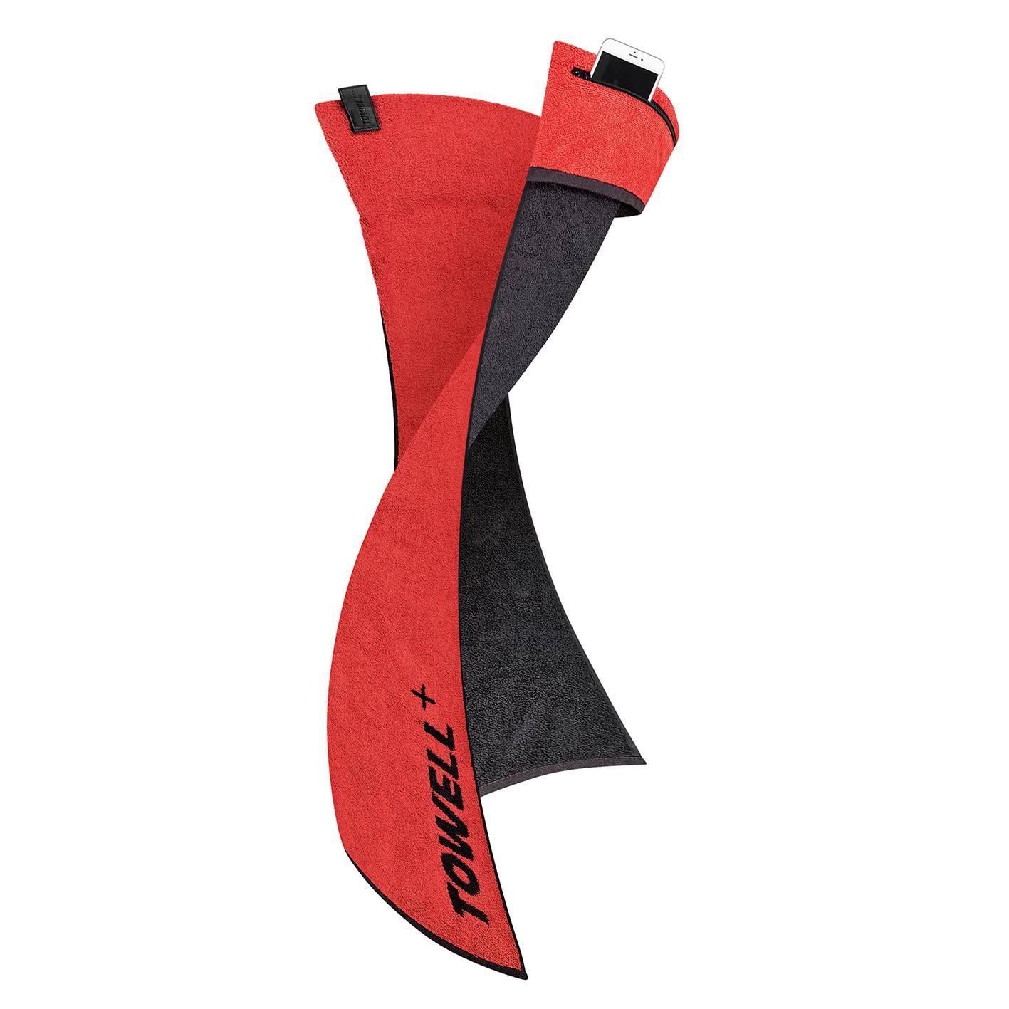 Stryve | Towell + | Sporthandtuch mit integrierter Tasche | Magnetclip für einfache Befestigung | stylisch Rot/Schwarz | ideal für Fitness und Train