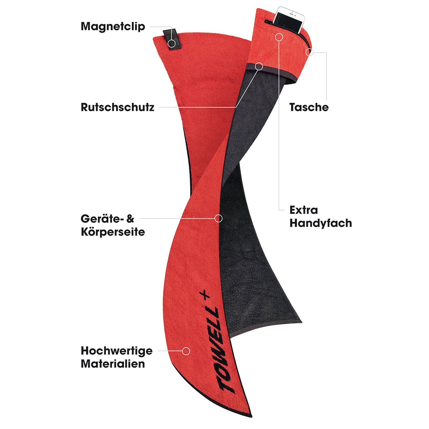 Stryve | Towell + | Sporthandtuch mit integrierter Tasche | Magnetclip für einfache Befestigung | stylisch Rot/Schwarz | ideal für Fitness und Train