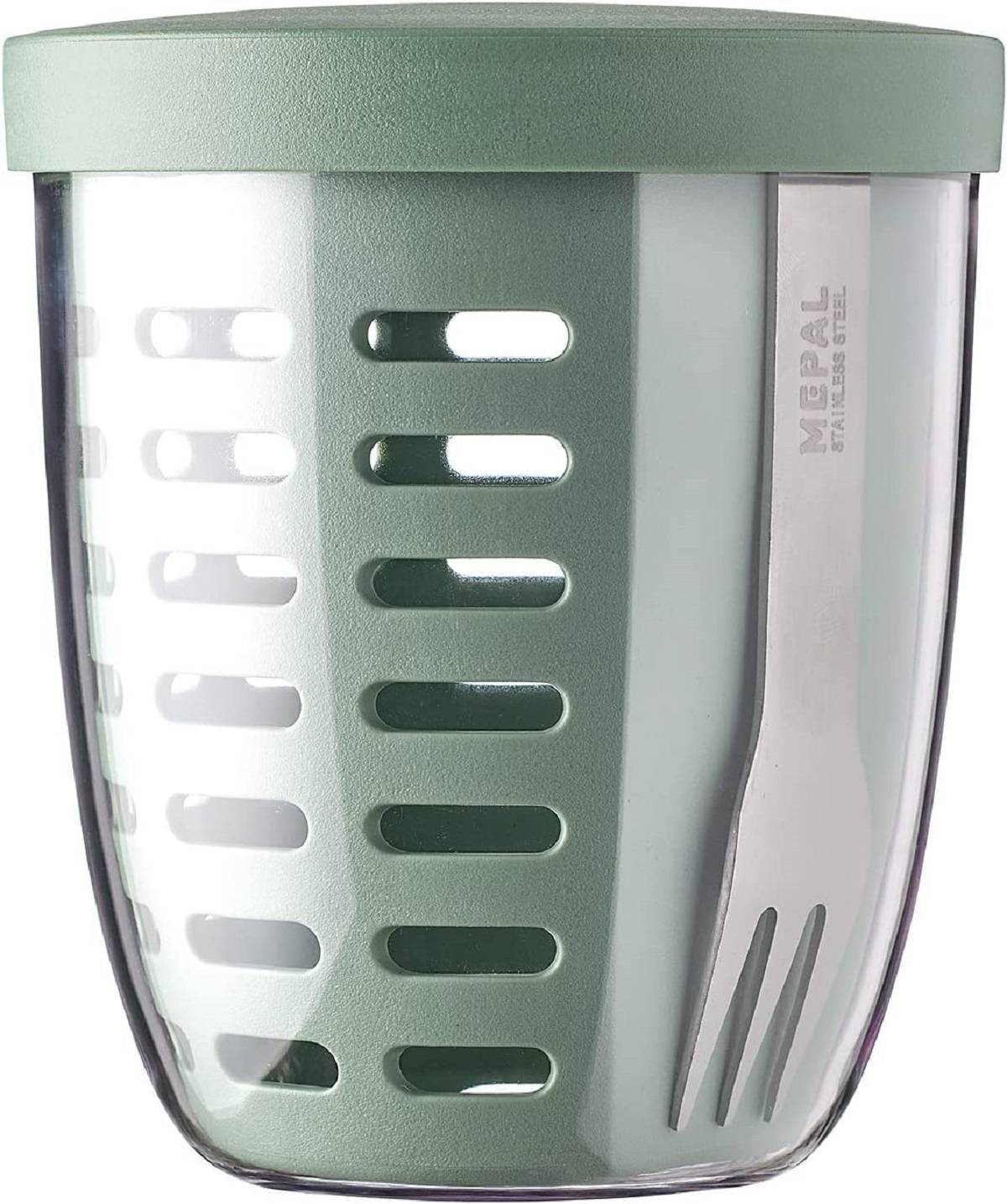 Mepal Fruitpot Ellipse Nordic Sage – 600 ml Inhalt – ideal für Früchte, Obst und Gemüse unterwegs-mit Abtropfsieb und Gabel – spülmaschinenf