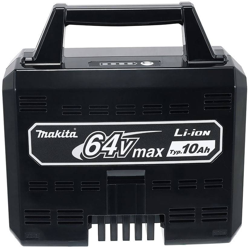 Schwarzes Makita 64V max Li-Ionen-Akkupack mit Griff und 10Ah-Etikett, Vorderansicht auf weißem Hintergrund.