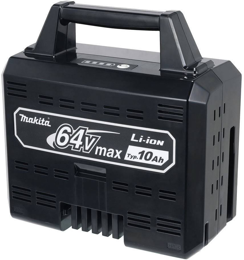 Makita 64V max Li-ion 10Ah Akku mit Transportgriff, in Schwarz gezeigt.