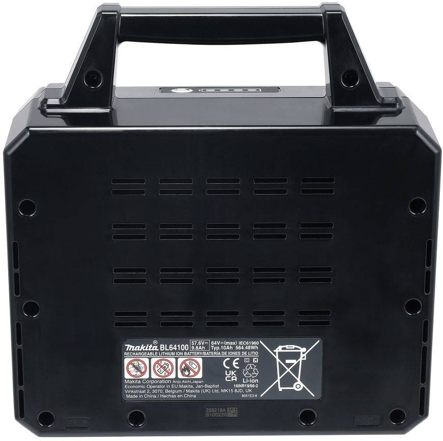Schwarzes Makita BL1860B Lithium-Ionen-Akku-Set mit Griff und hinterem Etikett vor weißem Hintergrund dargestellt.
