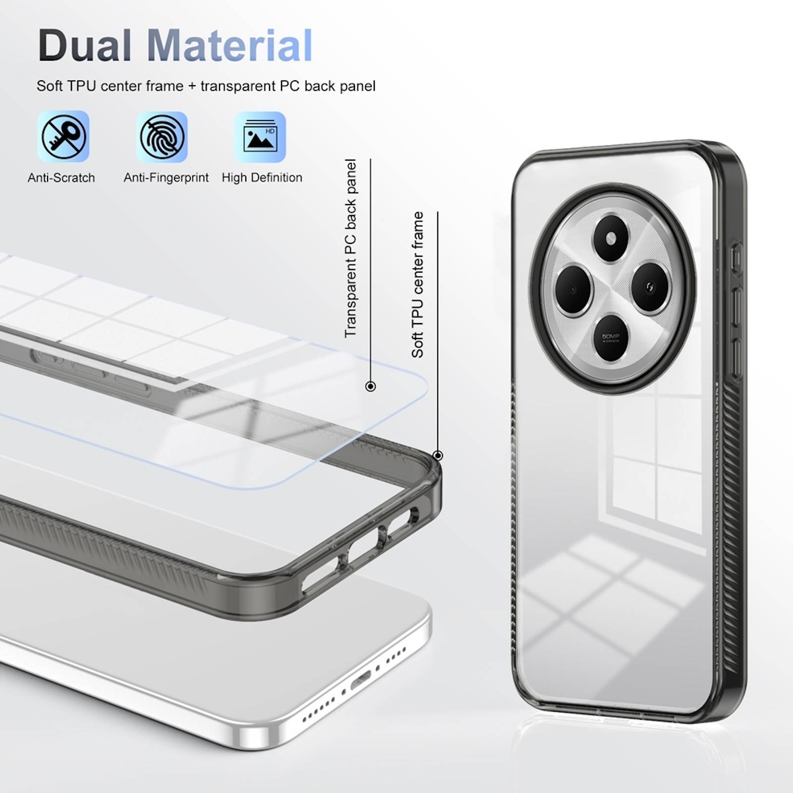 Produktanzeige mit transparenter Handyhülle mit „Doppelmaterial