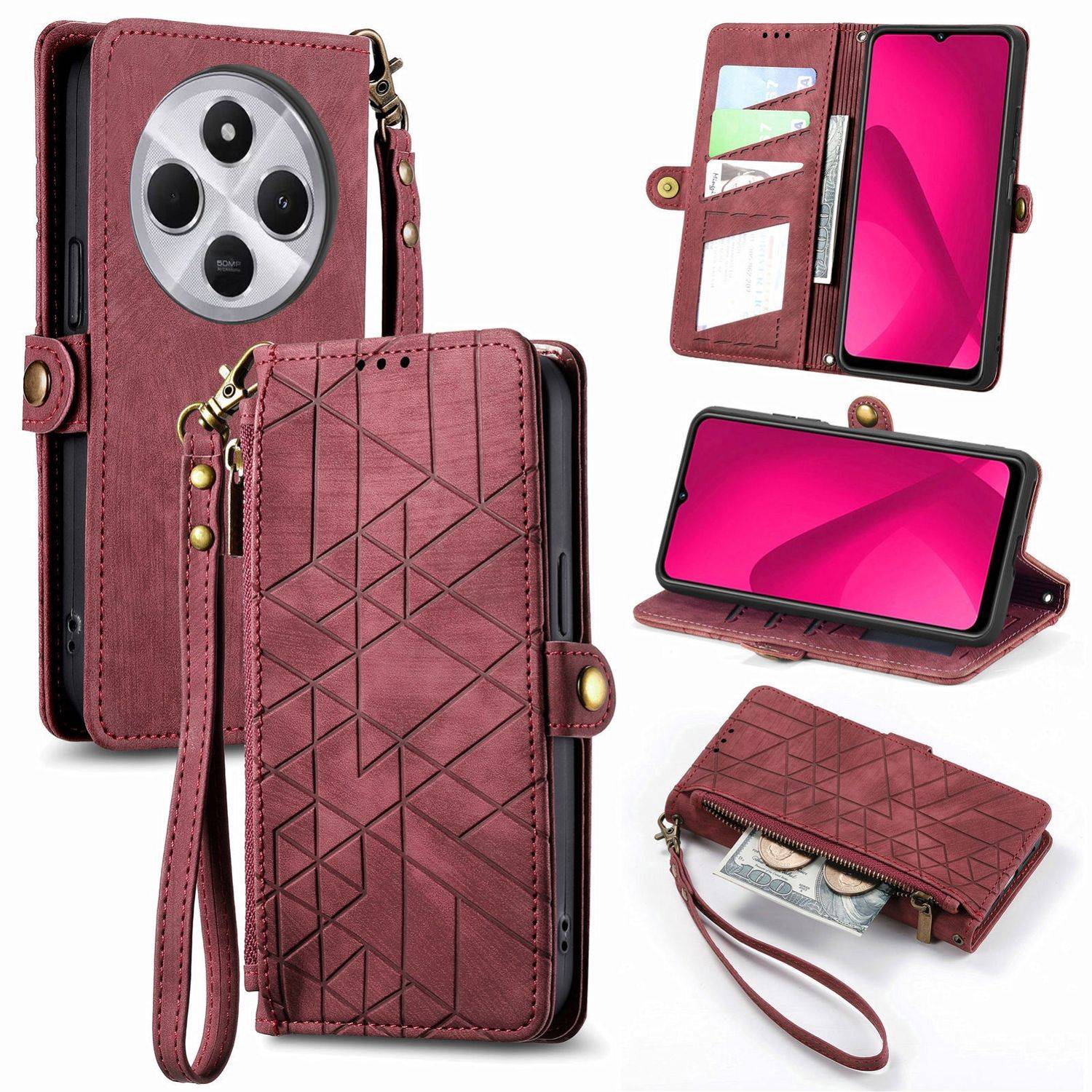 Für Xiaomi Redmi 14C 4G Kunstleder Zipper Wallet Tasche mit Schlaufe Schutz Hülle Case Cover Rot