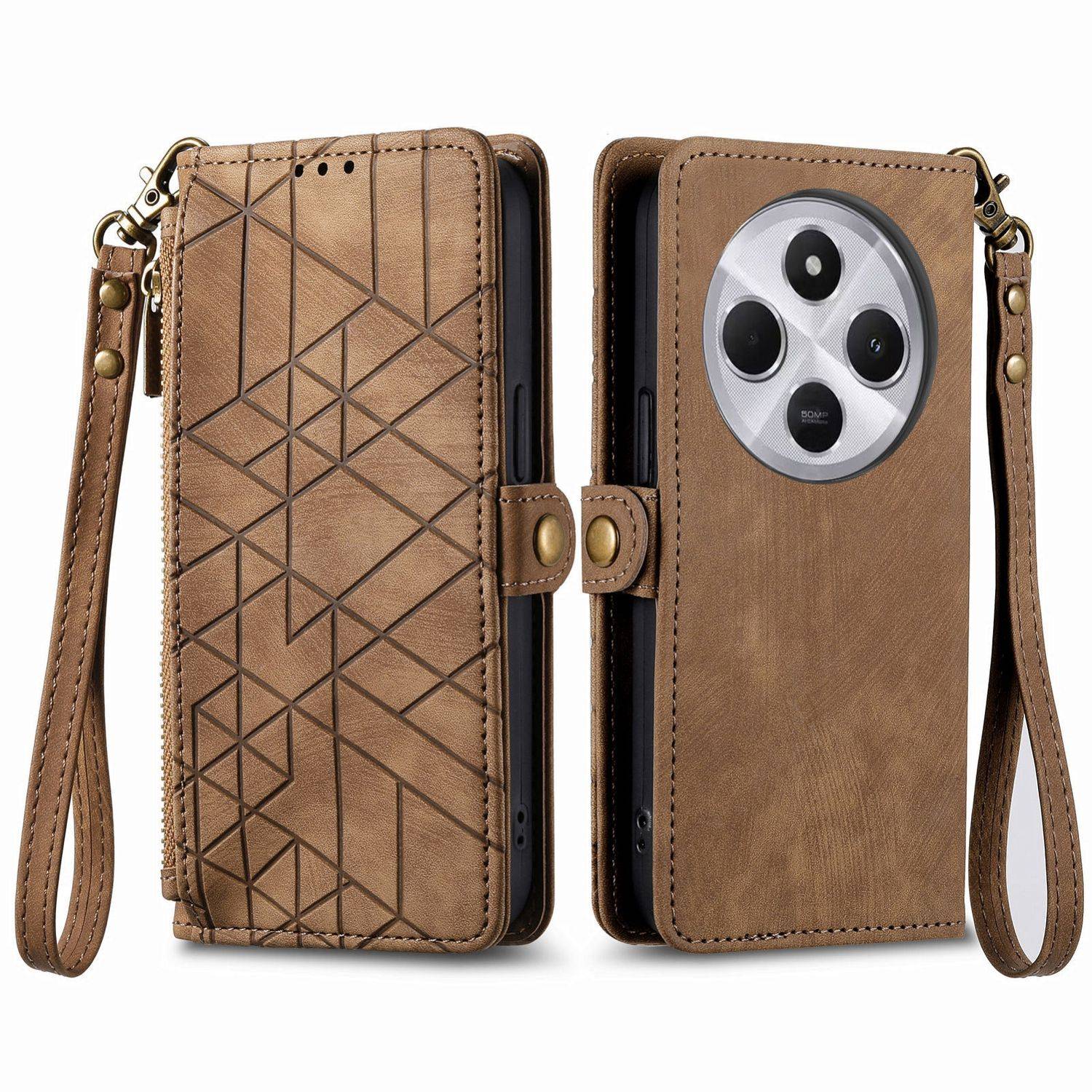 Für Xiaomi Redmi 14C 4G Kunstleder Zipper Wallet Tasche mit Schlaufe Schutz Hülle Case Cover Braun