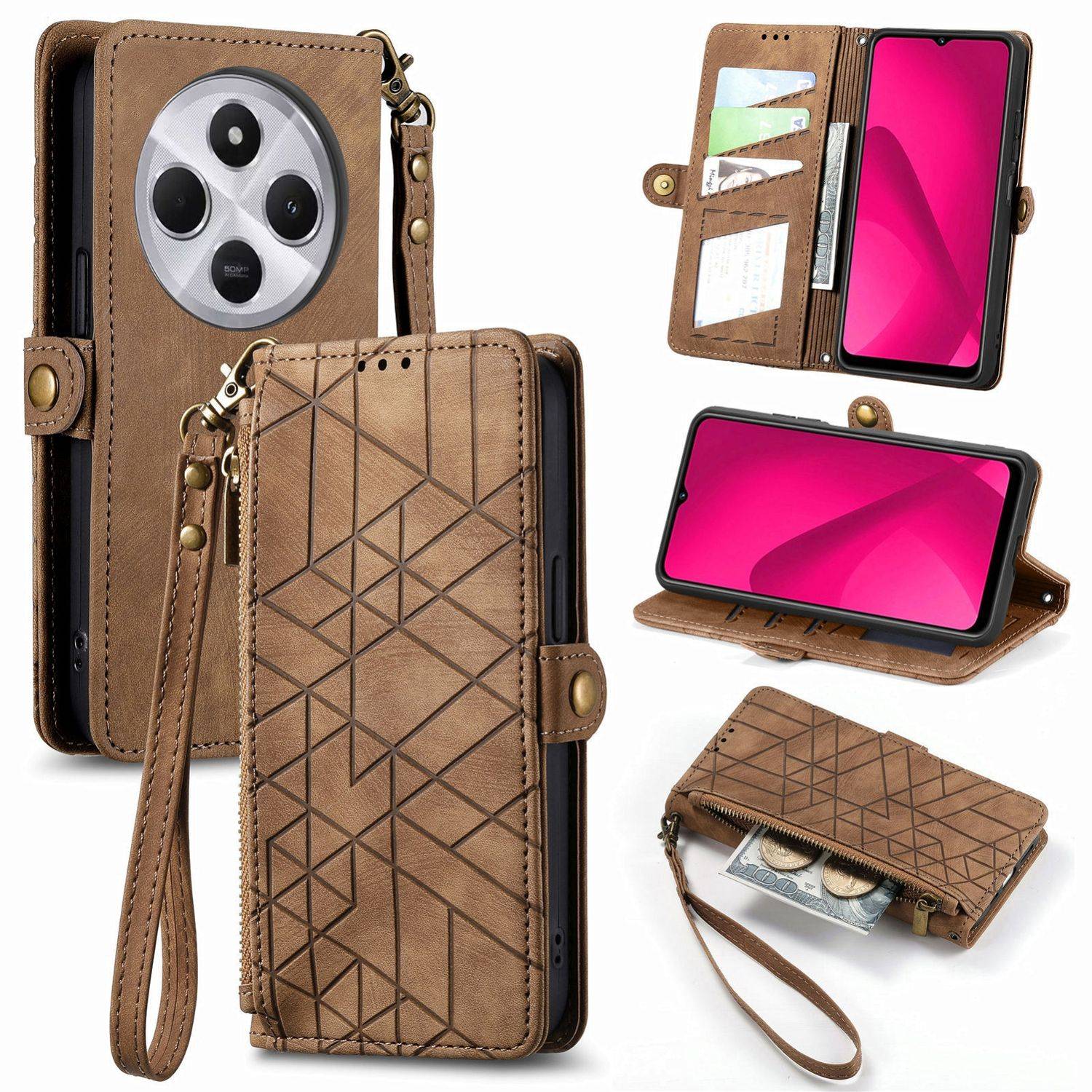 Für Xiaomi Redmi 14C 4G Kunstleder Zipper Wallet Tasche mit Schlaufe Schutz Hülle Case Cover Braun