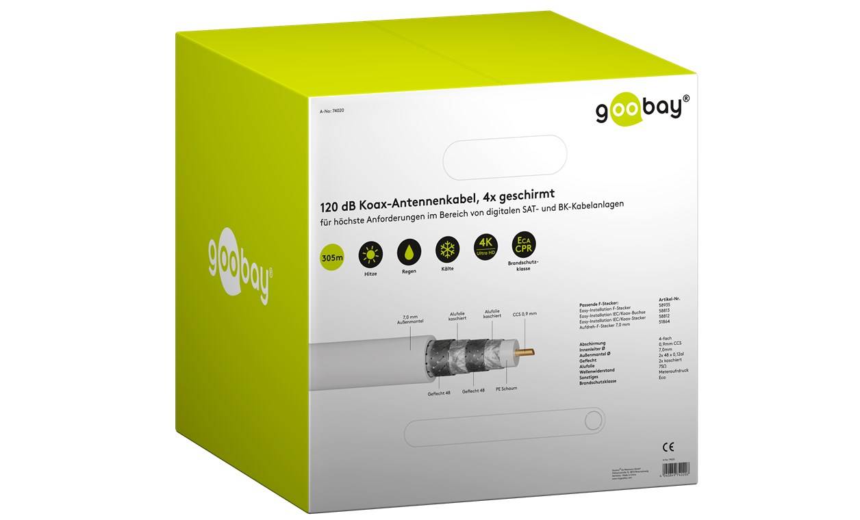 goobay Antennenkabel 120 Koax 4 x geschirmt CCS für höchste Anforderungen im Bereich von digitalen SAT und BK Kabelanlagen weiß 305 m