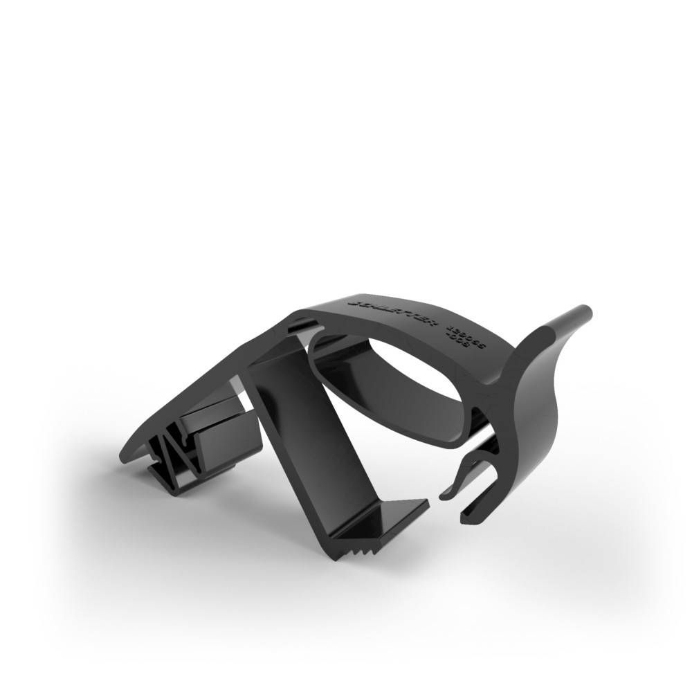 Eine schwarze Plastikklammer mit Ring- und Haken-Design, wahrscheinlich zum Befestigen oder Organisieren von Kabeln verwendet.