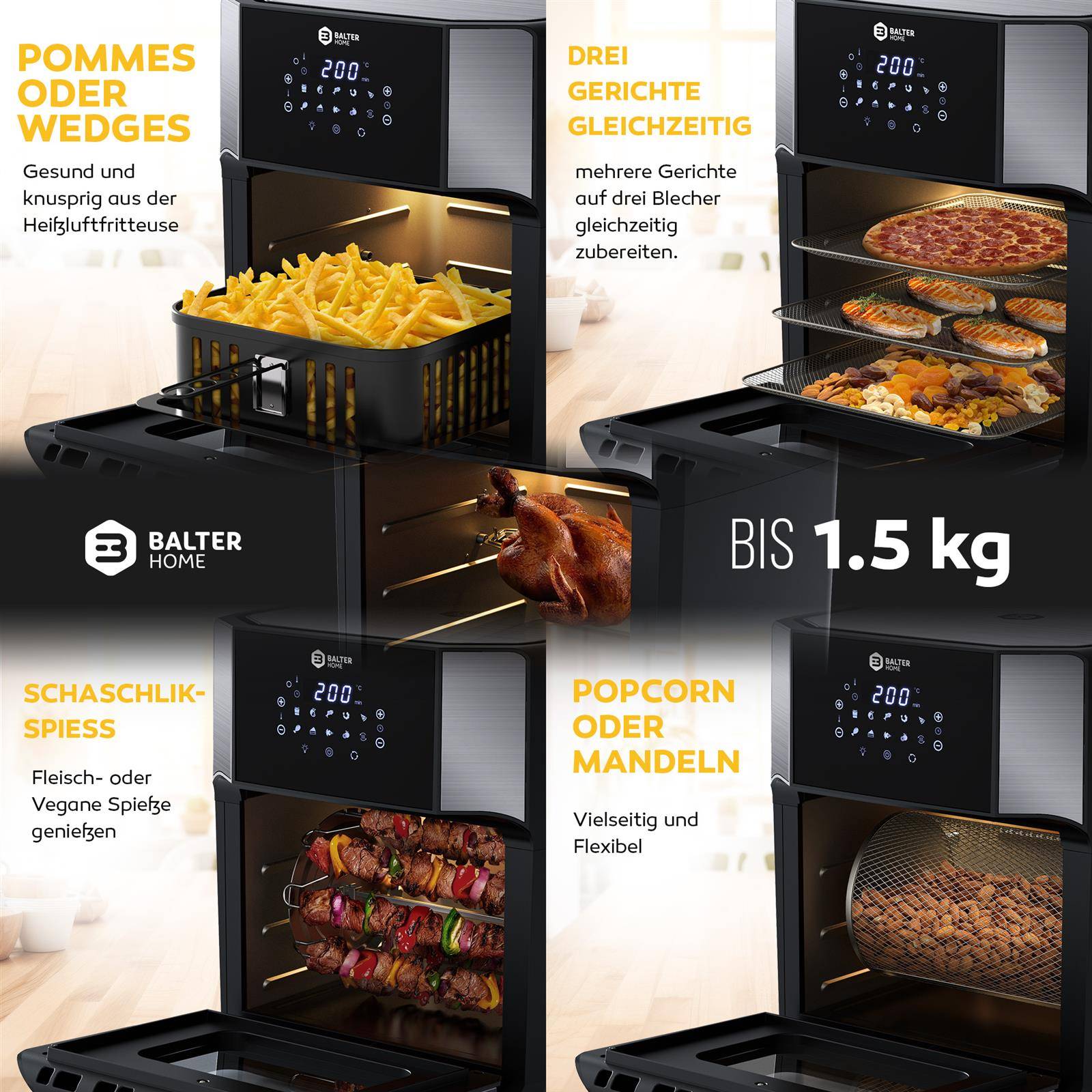 Balter Heißluftfritteuse HL-1200-BL, 12 Liter, Friteuse, LED Touchscreen, 10 Programme, Dörrautomat, 1800W Heissluftfritteuse airfryer, 100 Rezepte