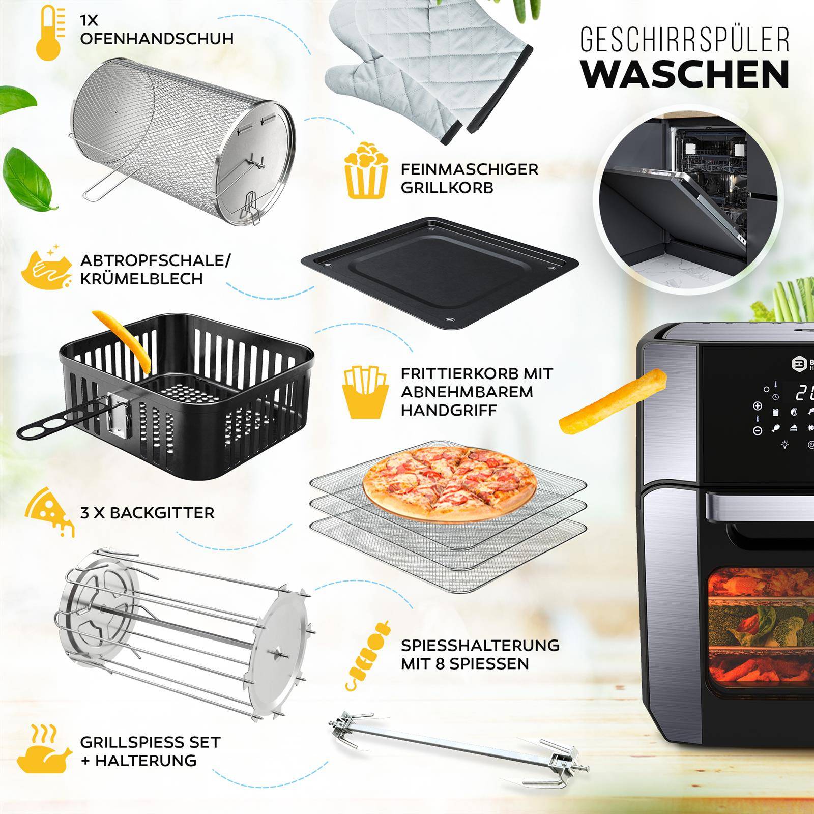 Balter Heißluftfritteuse HL-1200-BL, 12 Liter, Friteuse, LED Touchscreen, 10 Programme, Dörrautomat, 1800W Heissluftfritteuse airfryer, 100 Rezepte