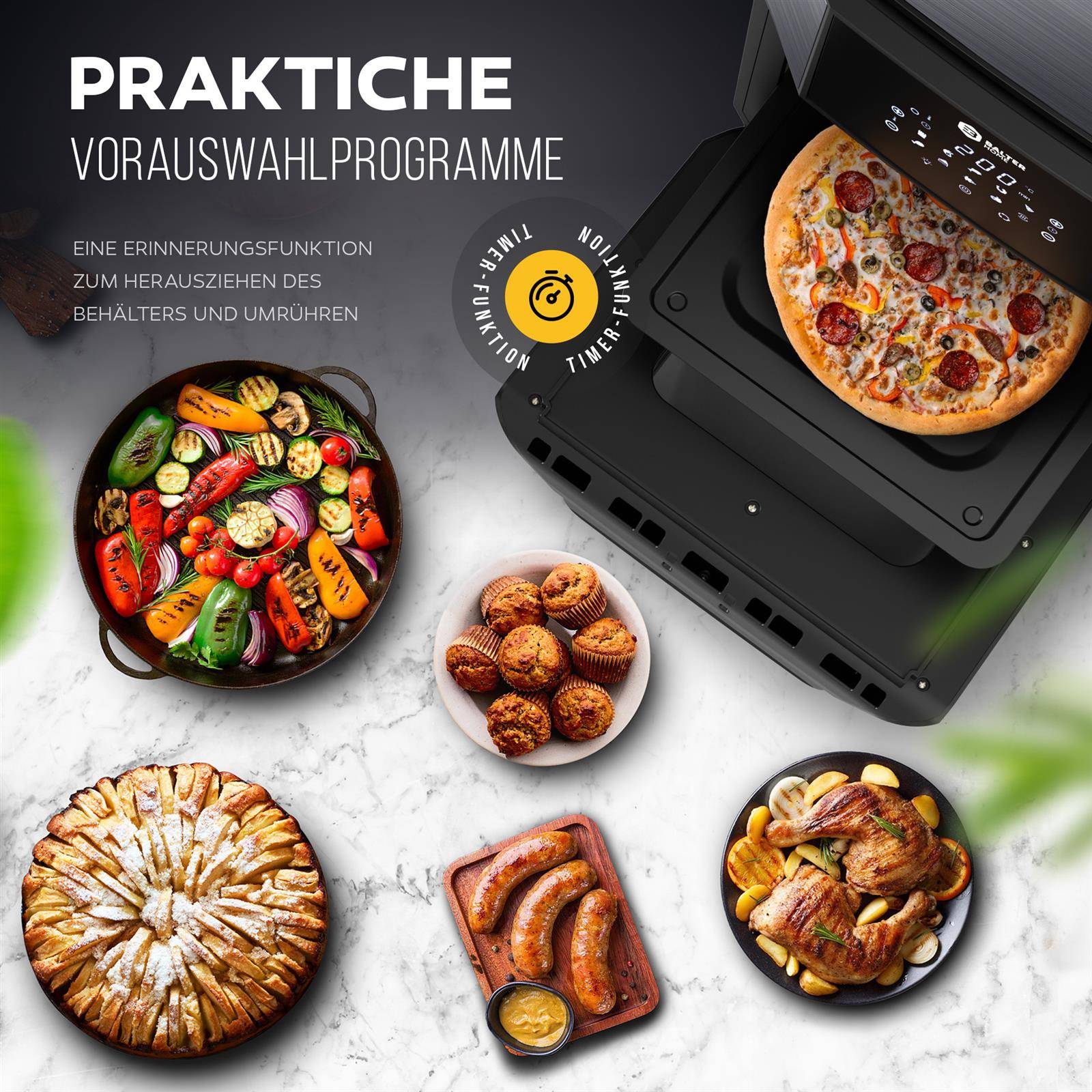 Balter Heißluftfritteuse HL-1200-BL, 12 Liter, Friteuse, LED Touchscreen, 10 Programme, Dörrautomat, 1800W Heissluftfritteuse airfryer, 100 Rezepte