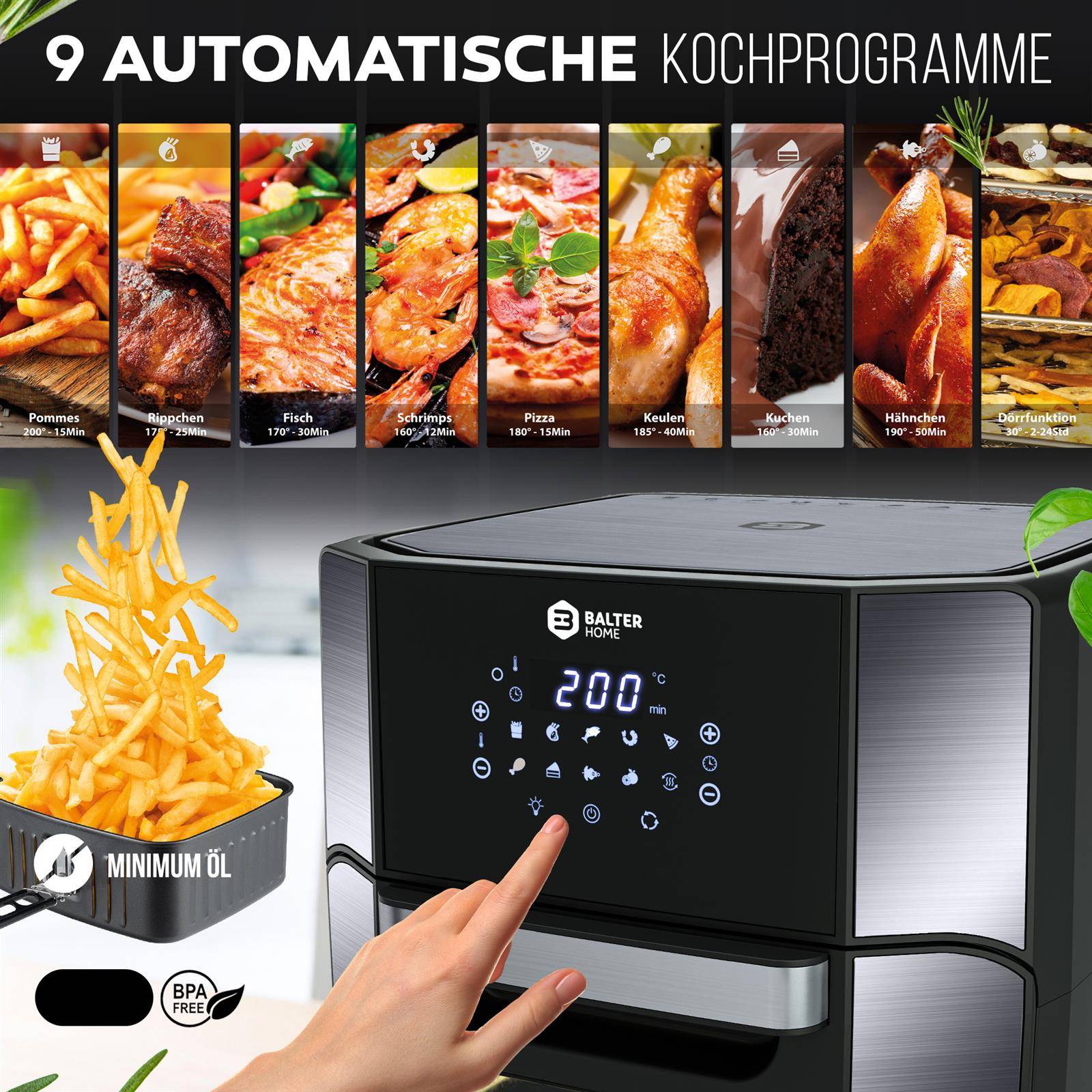 Balter Heißluftfritteuse HL-1200-BL, 12 Liter, Friteuse, LED Touchscreen, 10 Programme, Dörrautomat, 1800W Heissluftfritteuse airfryer, 100 Rezepte