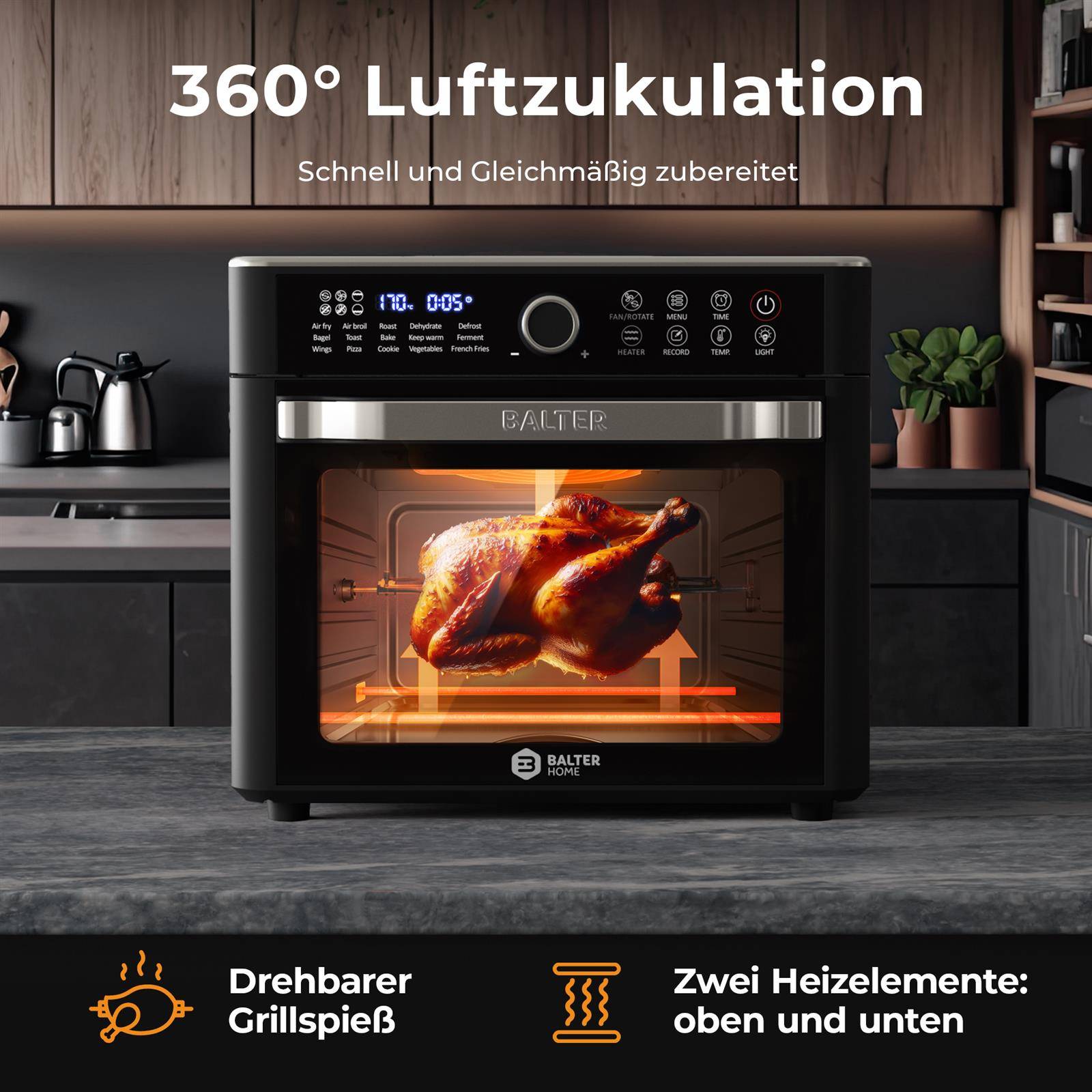 Balter Heißluftfritteuse XXL 22L Airfryer, 200 Programme, 40°-230°, Dörrautomat, 16 in 1 heissluftfritteuse, friteuse ohne Öl, Minibackofen, Reze