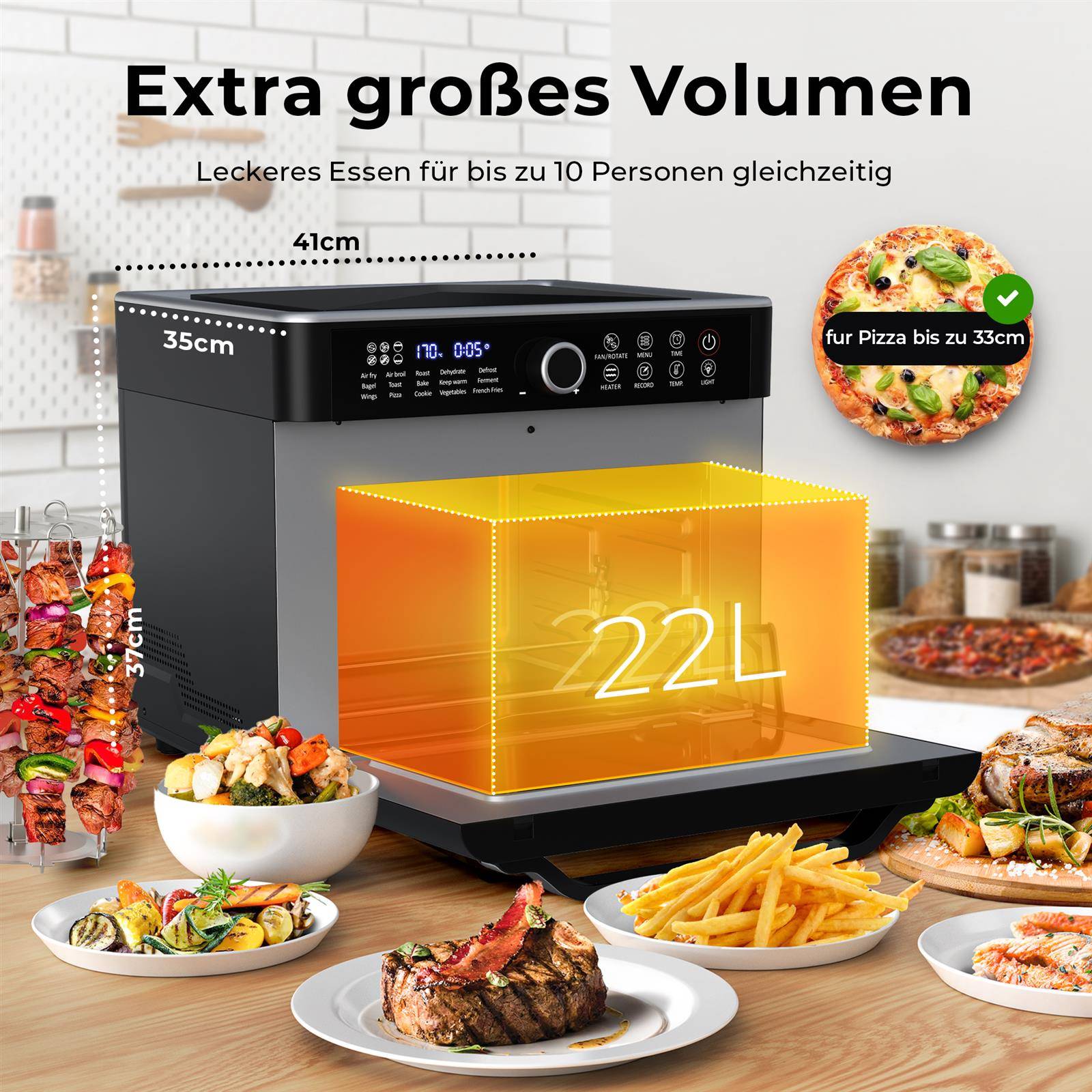 Balter Heißluftfritteuse XXL 22L Airfryer, 200 Programme, 40°-230°, Dörrautomat, 16 in 1 heissluftfritteuse, friteuse ohne Öl, Minibackofen, Reze