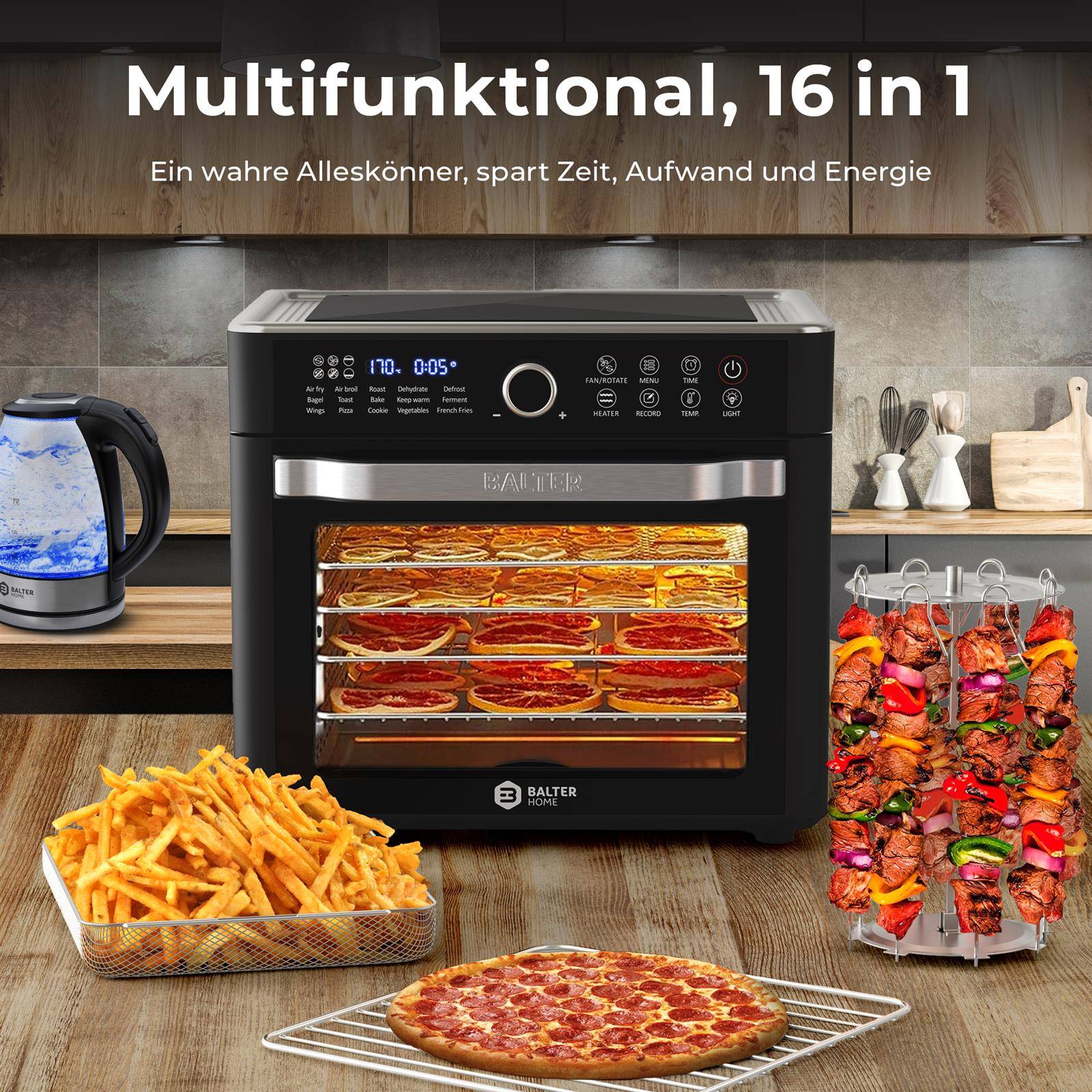 Balter Heißluftfritteuse XXL 22L Airfryer, 200 Programme, 40°-230°, Dörrautomat, 16 in 1 heissluftfritteuse, friteuse ohne Öl, Minibackofen, Reze
