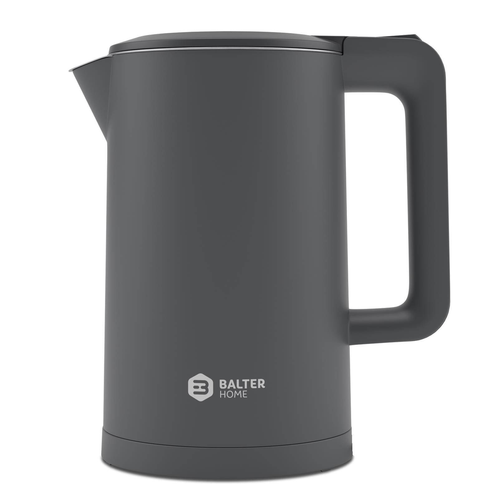 Balter Wasserkocher Edelstahl WK-4, 1,7 Liter, elektrischer Wasserkocher, Doppelwand Design, BPA frei, LED, Teekocher Kompakt, leise, Grau