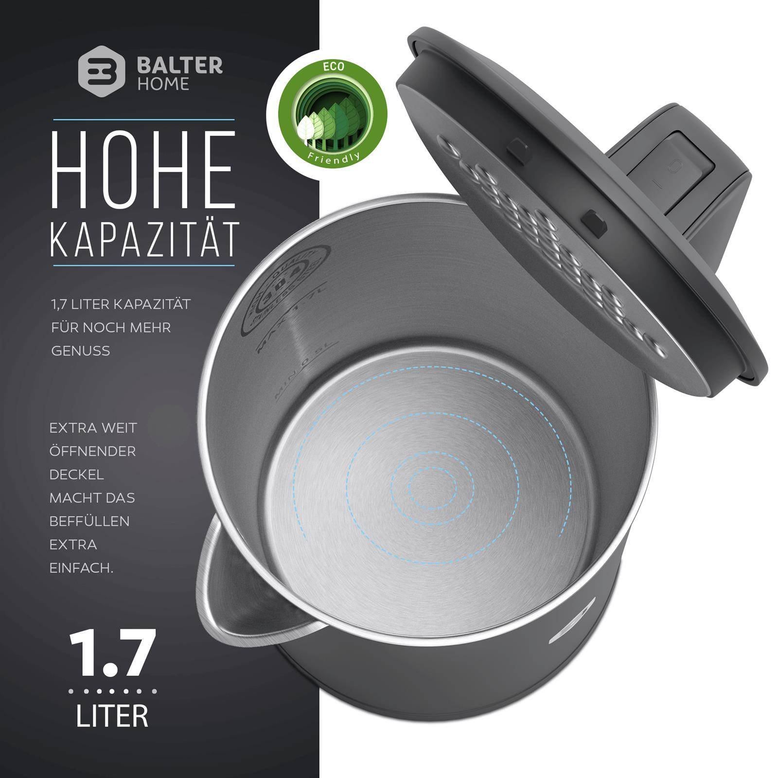 Balter Wasserkocher Edelstahl WK-4, 1,7 Liter, elektrischer Wasserkocher, Doppelwand Design, BPA frei, LED, Teekocher Kompakt, leise, Grau