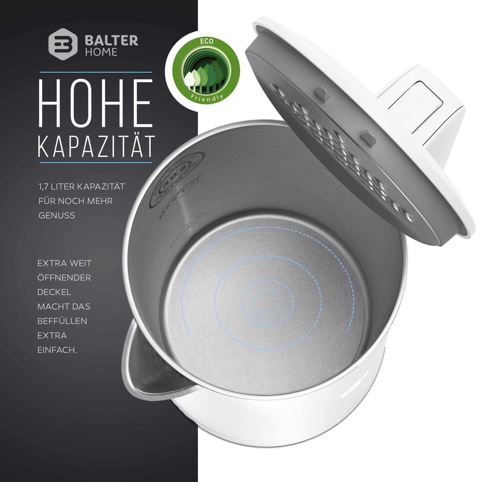 Balter Wasserkocher Edelstahl WK-4, 1,7 Liter, elektrischer Wasserkocher, Doppelwand Design, BPA frei, LED, Teekocher Kompakt, leise (Weiß)