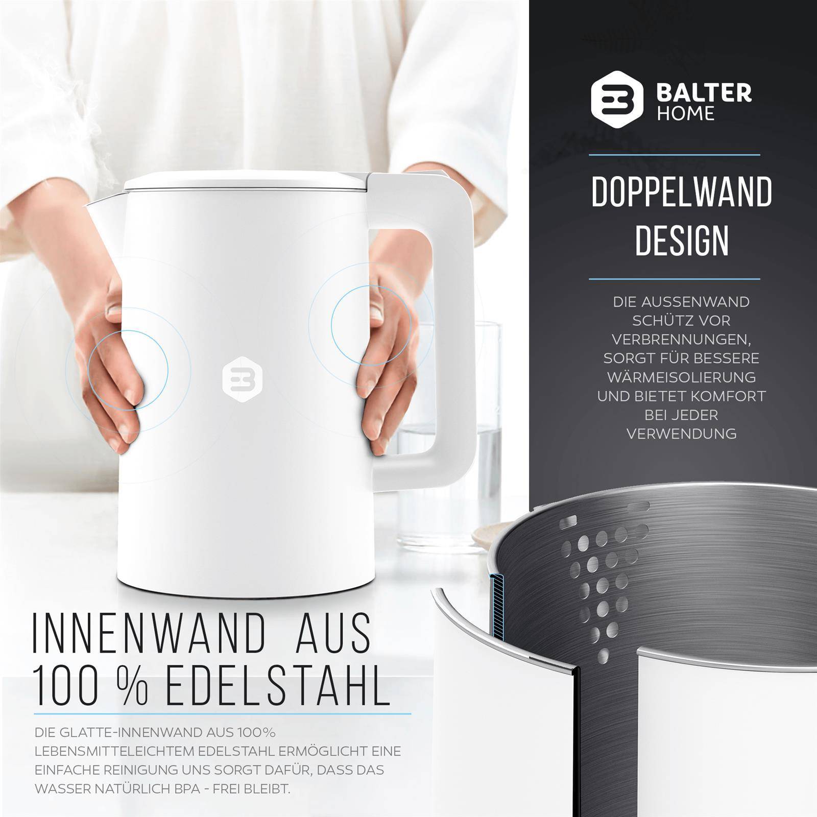 Balter Wasserkocher Edelstahl WK-4, 1,7 Liter, elektrischer Wasserkocher, Doppelwand Design, BPA frei, LED, Teekocher Kompakt, leise (Weiß)