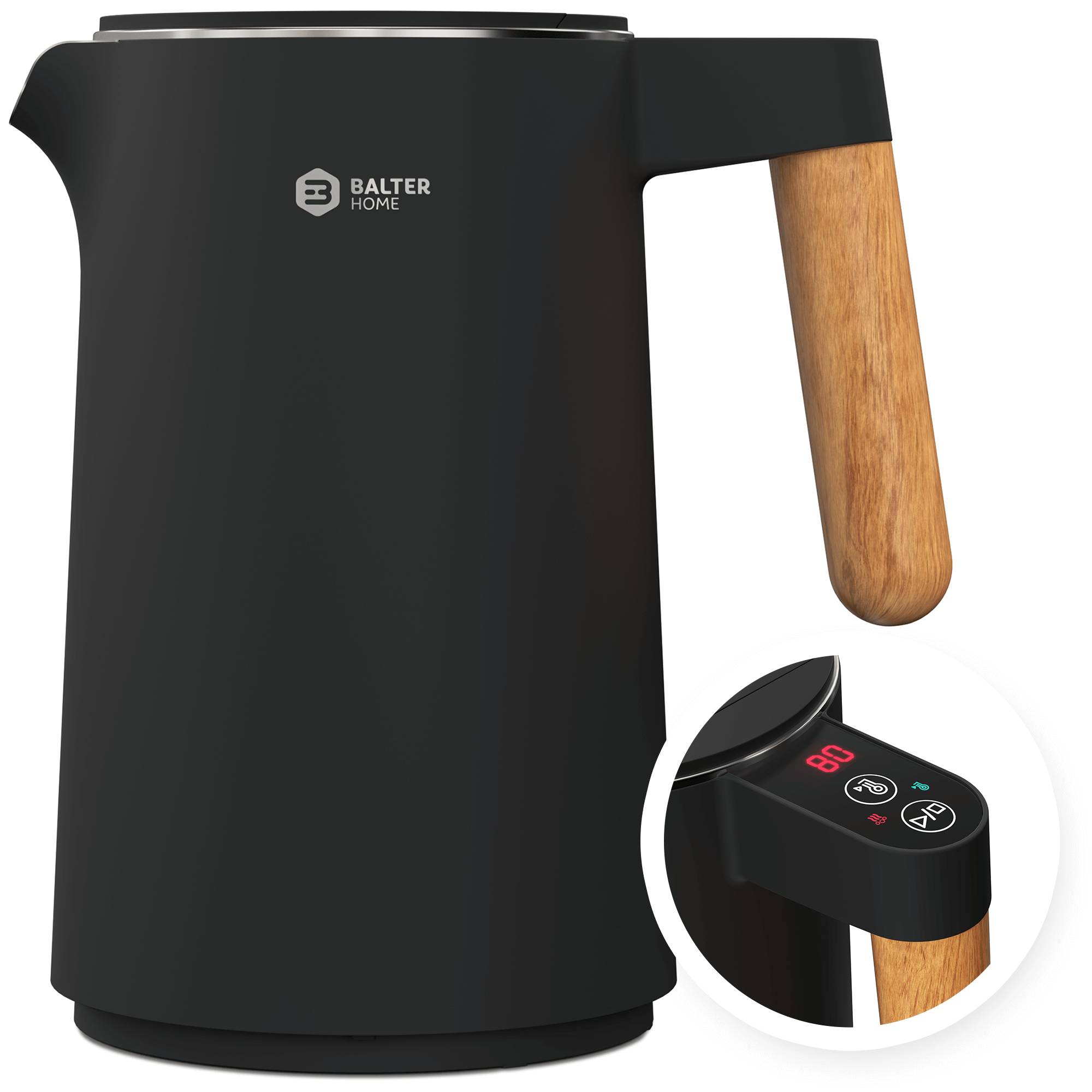BALTER Edelstahl Wasserkocher mit Temperatureinstellung, 45°C-100°C, Doppelwand, BPA frei, leise & kabellos, Warmhaltefunktion, Teekocher mit Temper