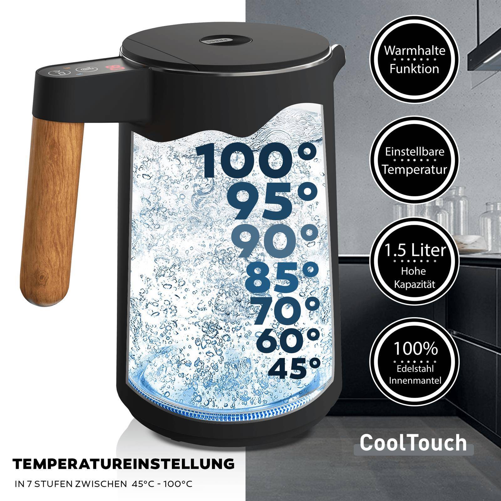 BALTER Edelstahl Wasserkocher mit Temperatureinstellung, 45°C-100°C, Doppelwand, BPA frei, leise & kabellos, Warmhaltefunktion, Teekocher mit Temper