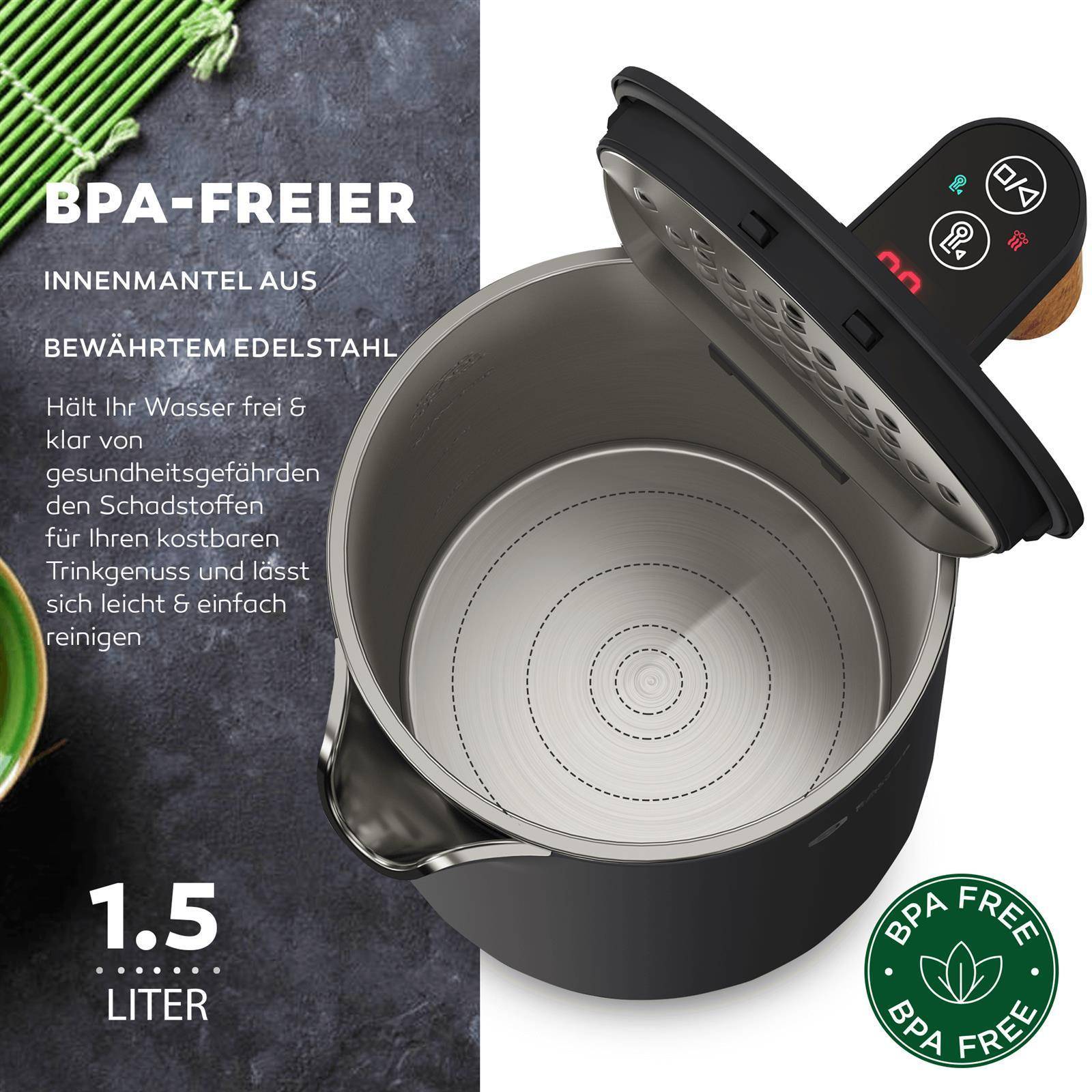 BALTER Edelstahl Wasserkocher mit Temperatureinstellung, 45°C-100°C, Doppelwand, BPA frei, leise & kabellos, Warmhaltefunktion, Teekocher mit Temper