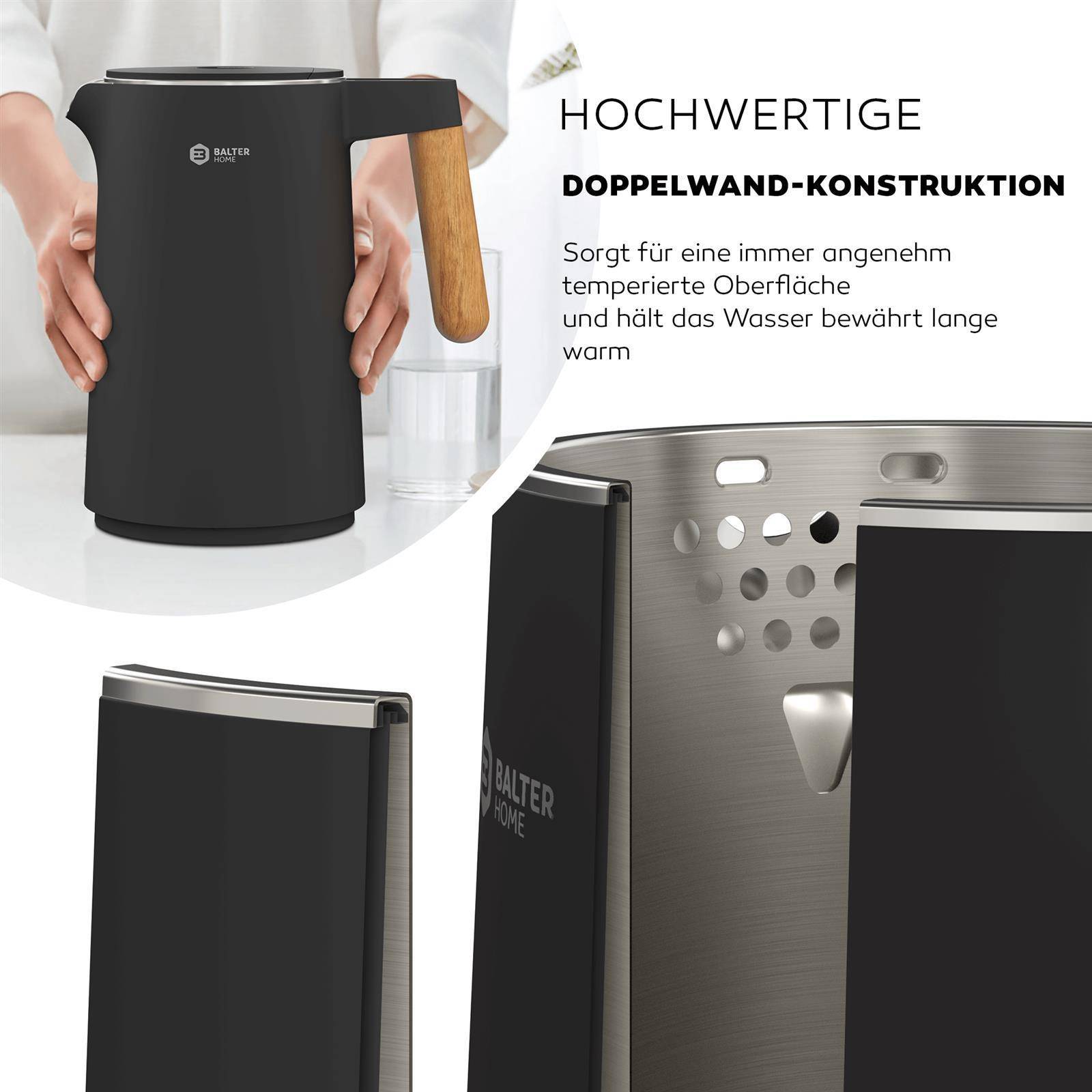 BALTER Edelstahl Wasserkocher mit Temperatureinstellung, 45°C-100°C, Doppelwand, BPA frei, leise & kabellos, Warmhaltefunktion, Teekocher mit Temper